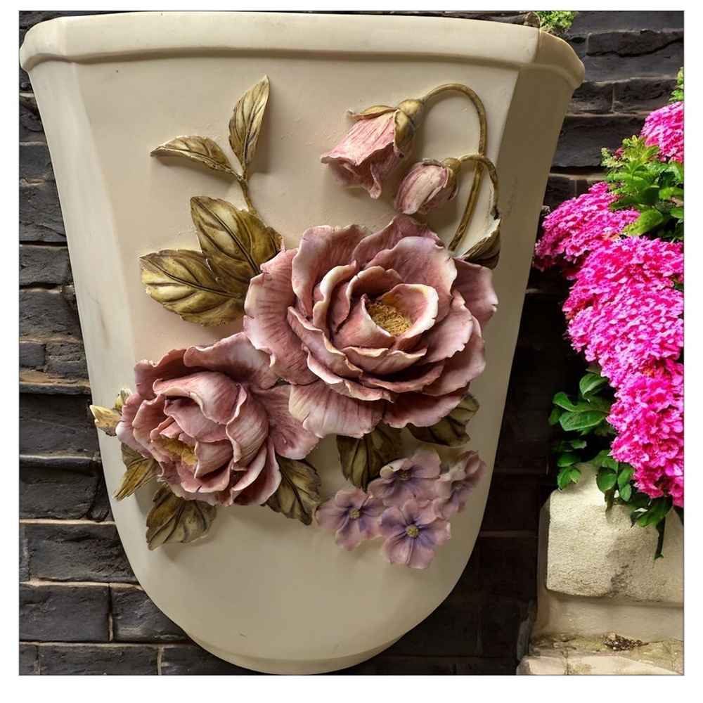 Veratex Sabrina Floral Wall Vase or wastebasket with Pink and Purple Flowers